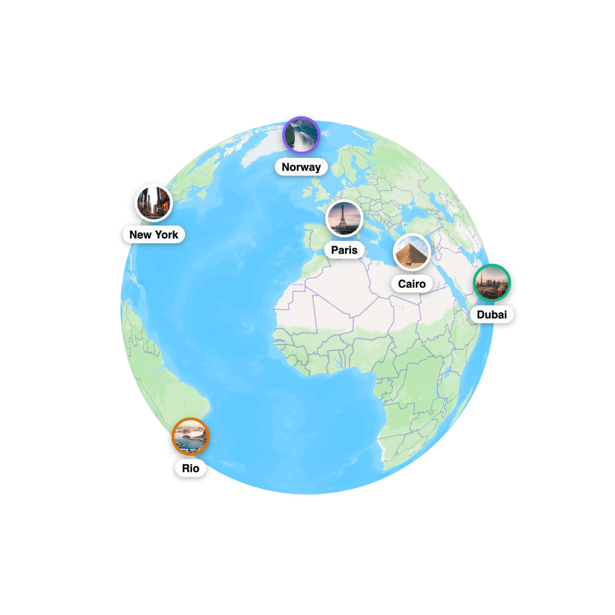 A globe with pinned places: New York, Paris, Cairo, Norway, Dubai and Rio