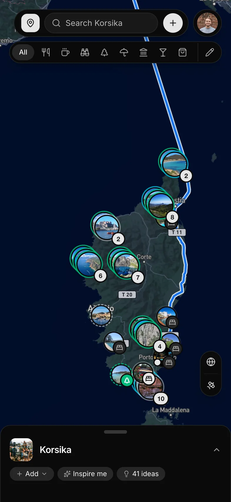 Stays the group votes on, the route between them, and every idea on the map.