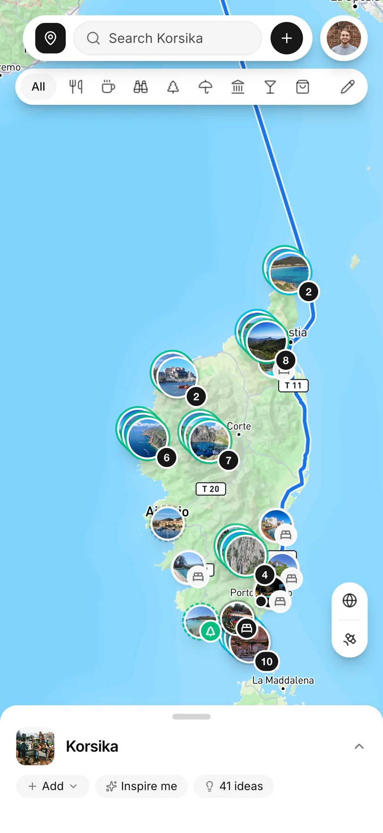 Stays the group votes on, the route between them, and every idea on the map.